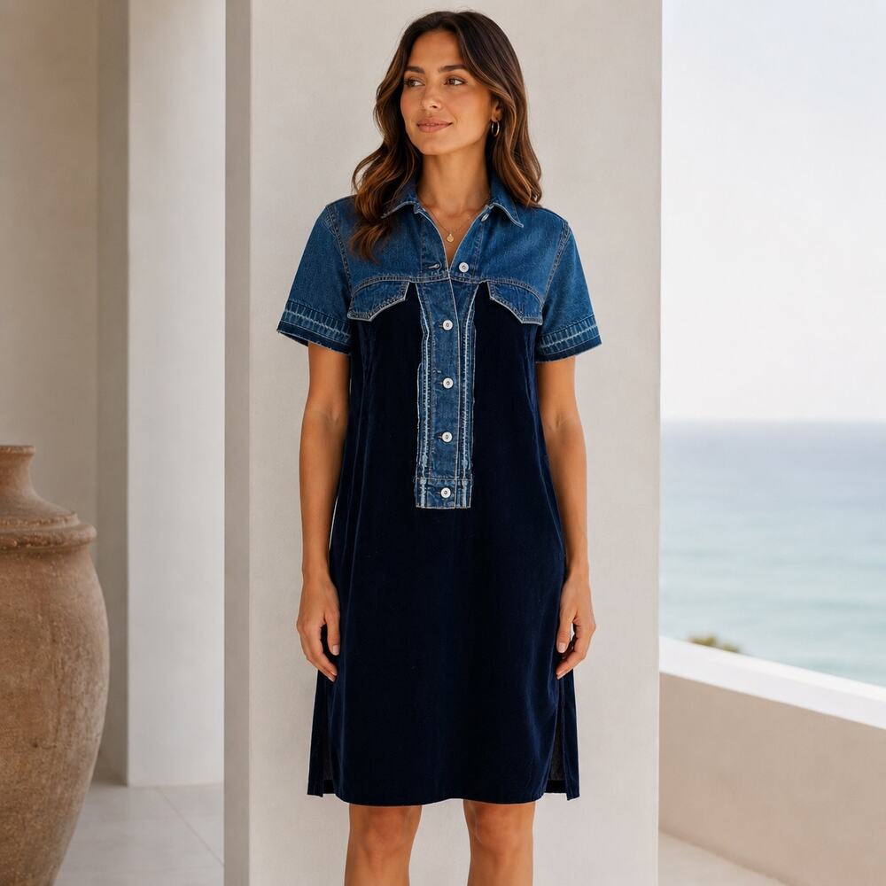 Sacai Blue Denim Velvet Panel Shift Dress size 1 ( small/6)